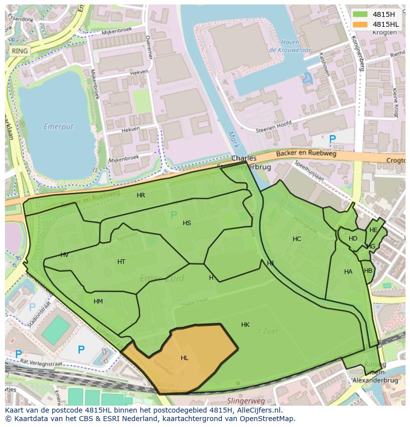 Afbeelding van het postcodegebied 4815 HL op de kaart.