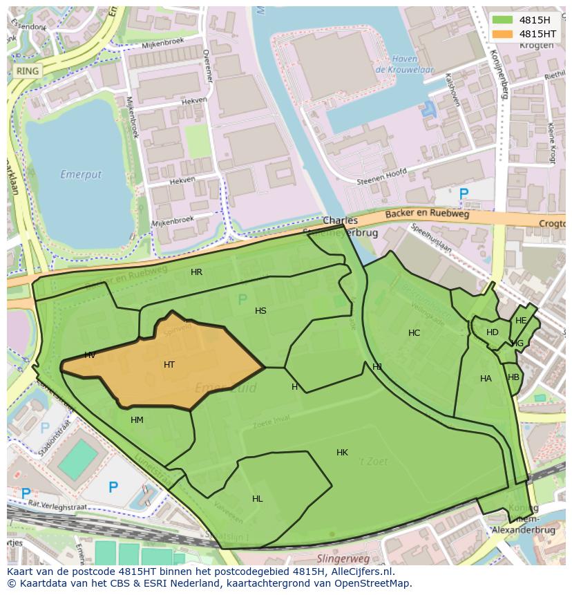 Afbeelding van het postcodegebied 4815 HT op de kaart.
