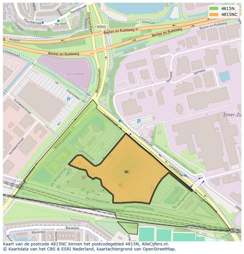Afbeelding van het postcodegebied 4815 NC op de kaart.