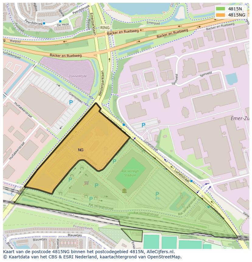 Afbeelding van het postcodegebied 4815 NG op de kaart.
