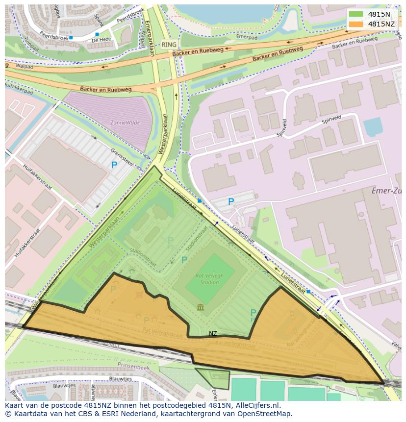 Afbeelding van het postcodegebied 4815 NZ op de kaart.