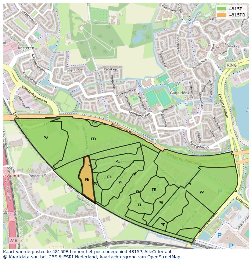 Afbeelding van het postcodegebied 4815 PB op de kaart.