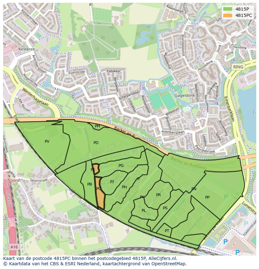 Afbeelding van het postcodegebied 4815 PC op de kaart.