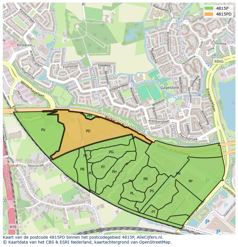 Afbeelding van het postcodegebied 4815 PD op de kaart.