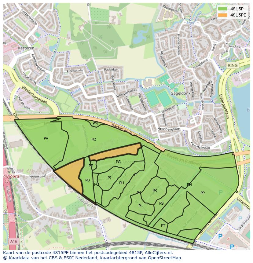 Afbeelding van het postcodegebied 4815 PE op de kaart.