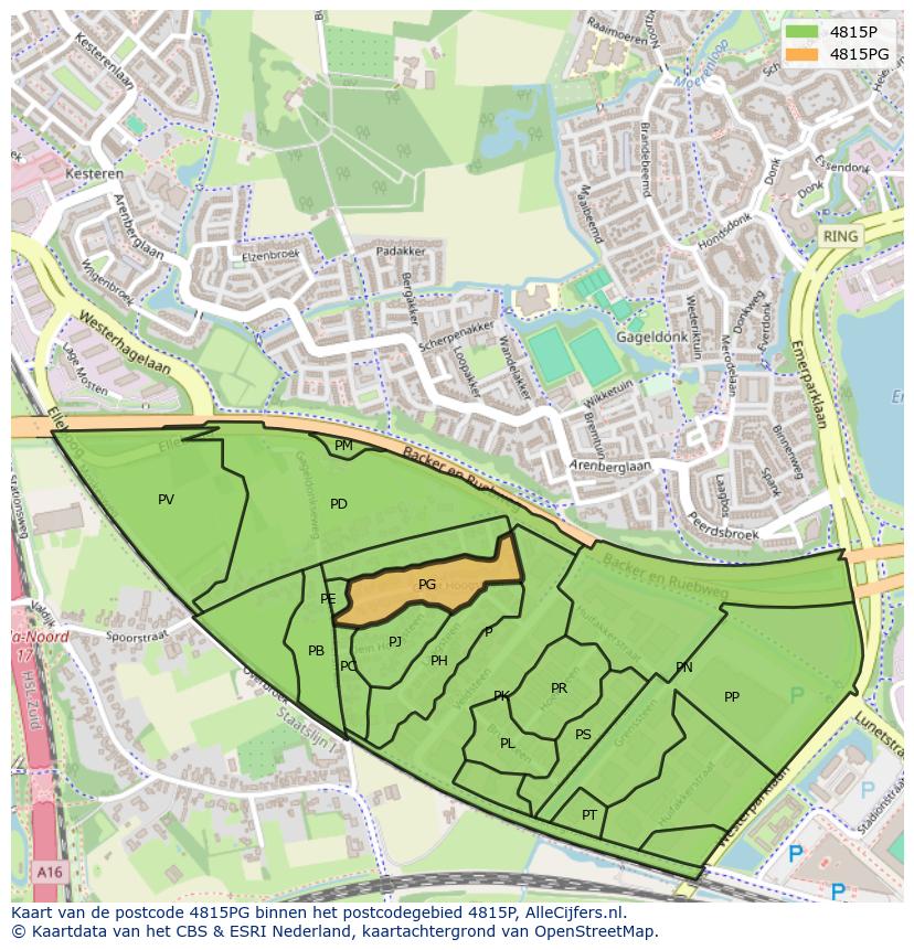 Afbeelding van het postcodegebied 4815 PG op de kaart.
