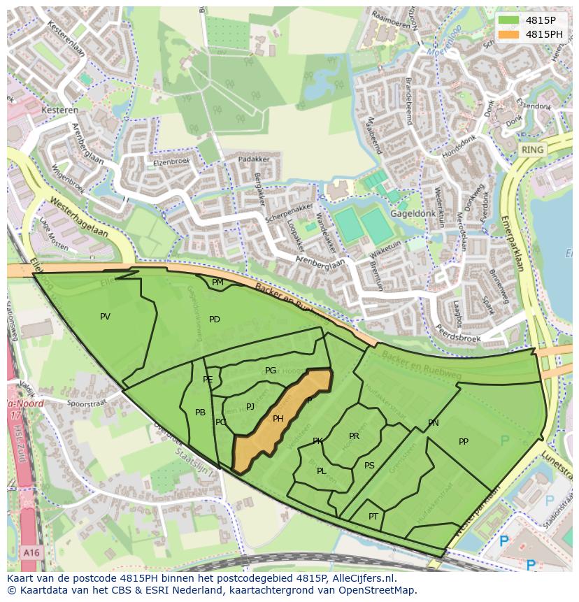 Afbeelding van het postcodegebied 4815 PH op de kaart.