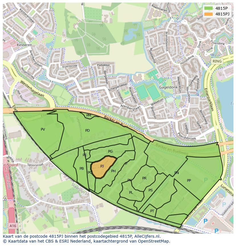 Afbeelding van het postcodegebied 4815 PJ op de kaart.