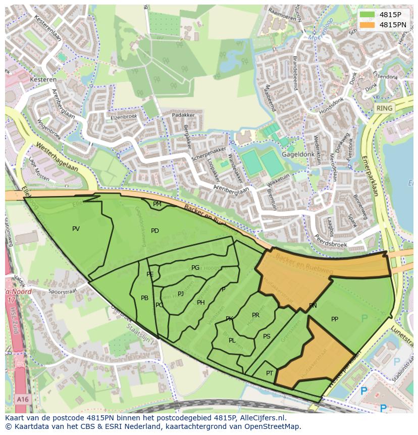 Afbeelding van het postcodegebied 4815 PN op de kaart.