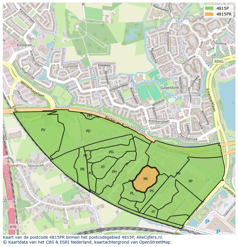 Afbeelding van het postcodegebied 4815 PR op de kaart.