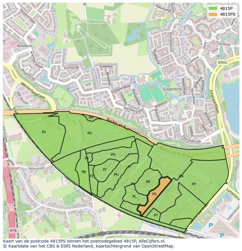 Afbeelding van het postcodegebied 4815 PS op de kaart.