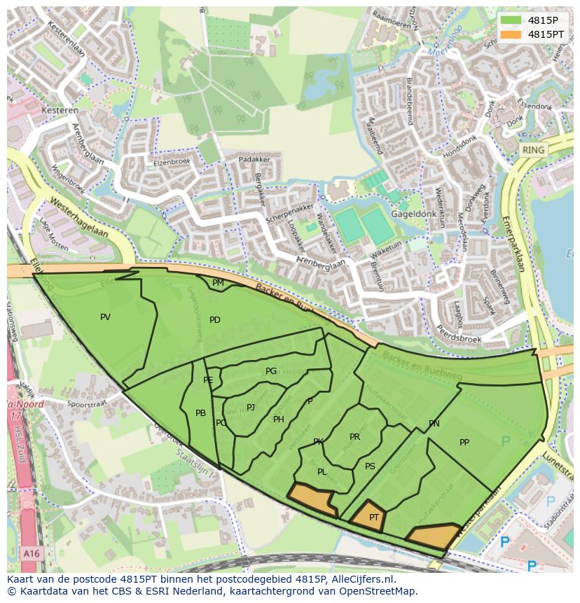 Afbeelding van het postcodegebied 4815 PT op de kaart.