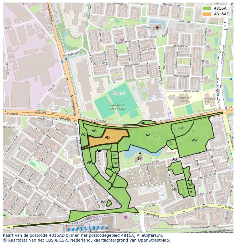 Afbeelding van het postcodegebied 4816 AD op de kaart.