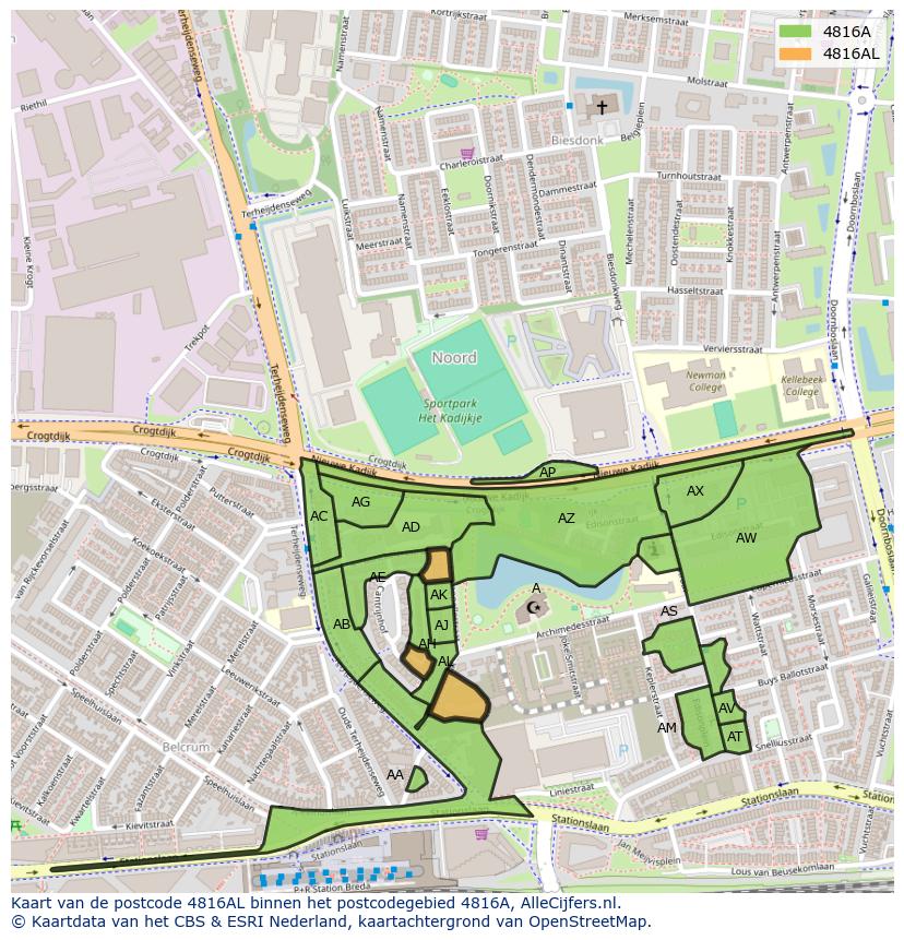 Afbeelding van het postcodegebied 4816 AL op de kaart.