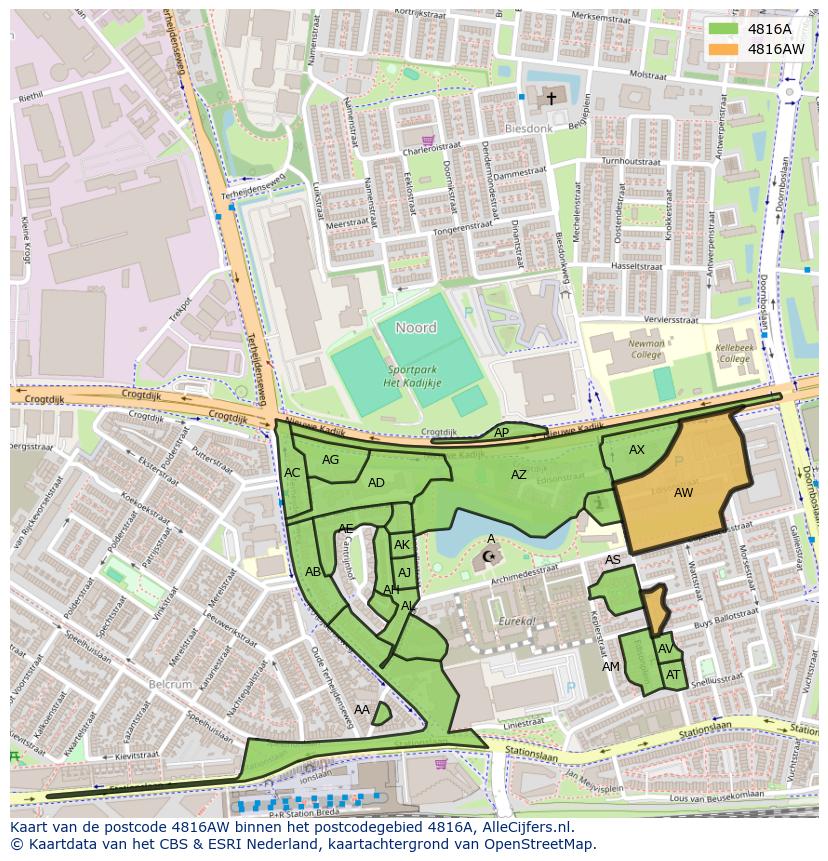 Afbeelding van het postcodegebied 4816 AW op de kaart.