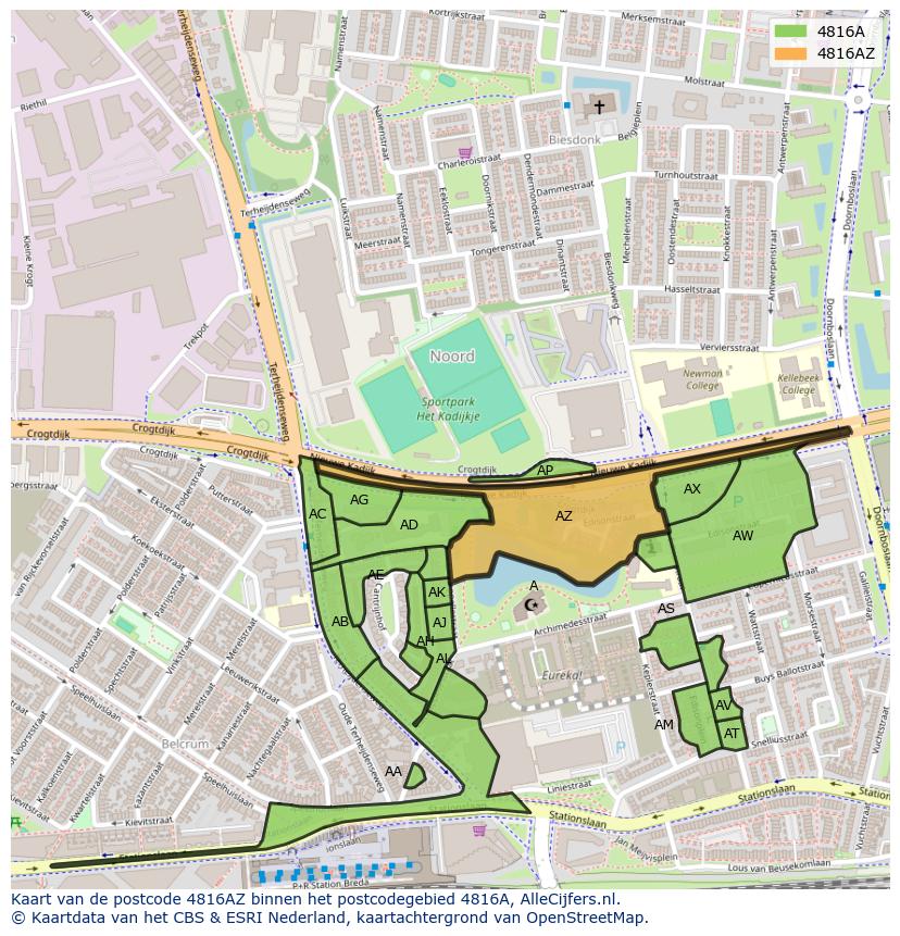 Afbeelding van het postcodegebied 4816 AZ op de kaart.