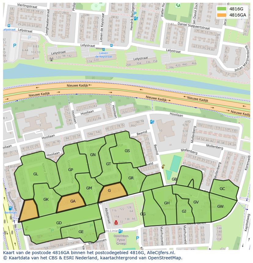 Afbeelding van het postcodegebied 4816 GA op de kaart.