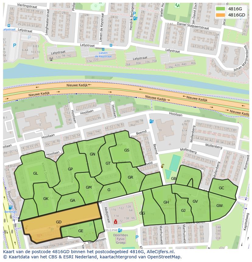 Afbeelding van het postcodegebied 4816 GD op de kaart.