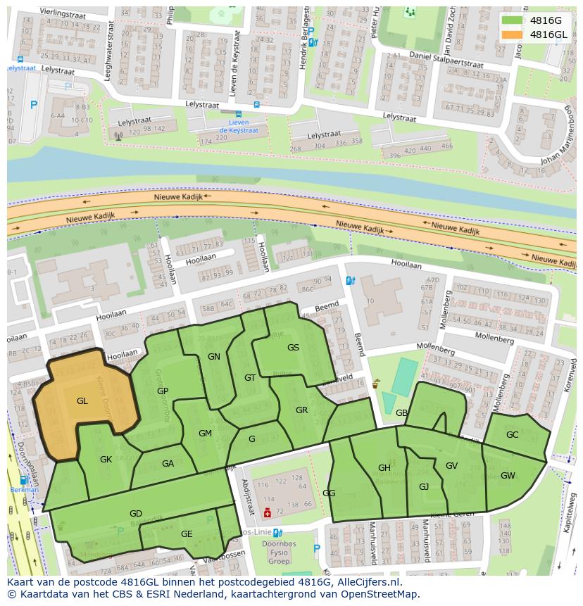 Afbeelding van het postcodegebied 4816 GL op de kaart.