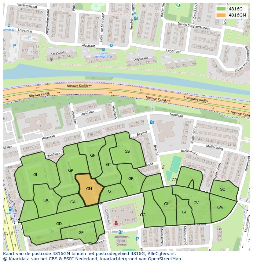 Afbeelding van het postcodegebied 4816 GM op de kaart.