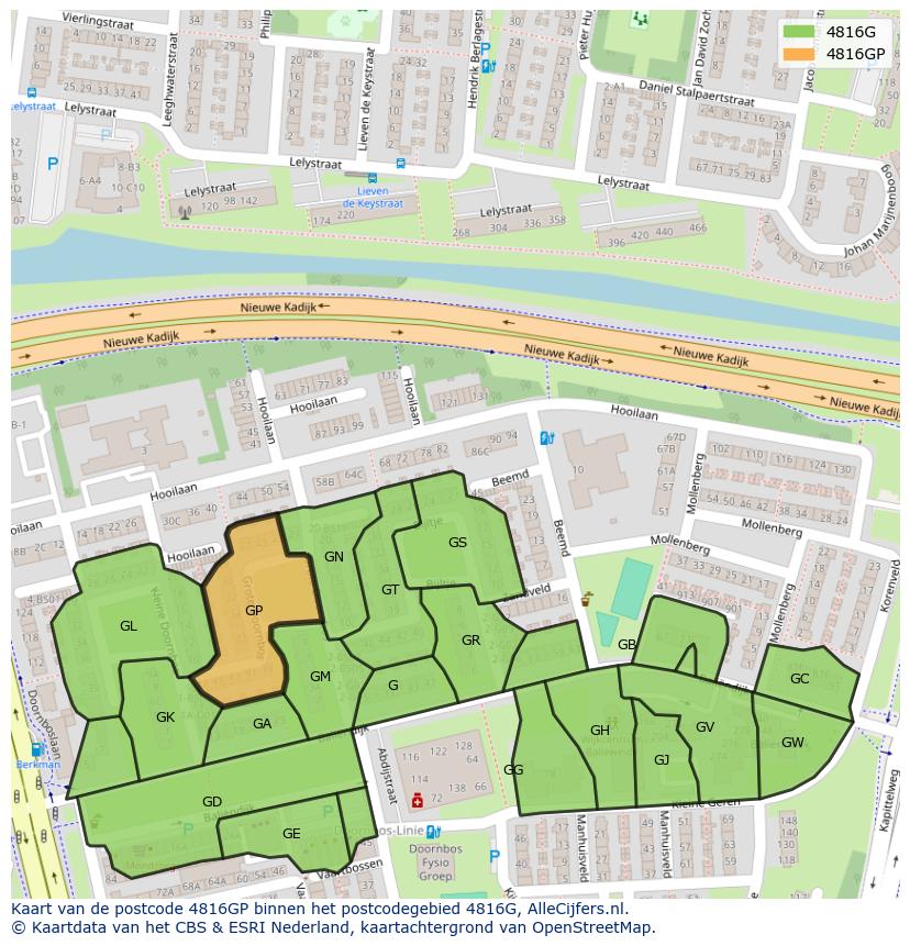 Afbeelding van het postcodegebied 4816 GP op de kaart.