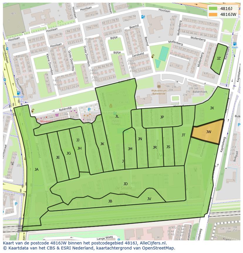 Afbeelding van het postcodegebied 4816 JW op de kaart.