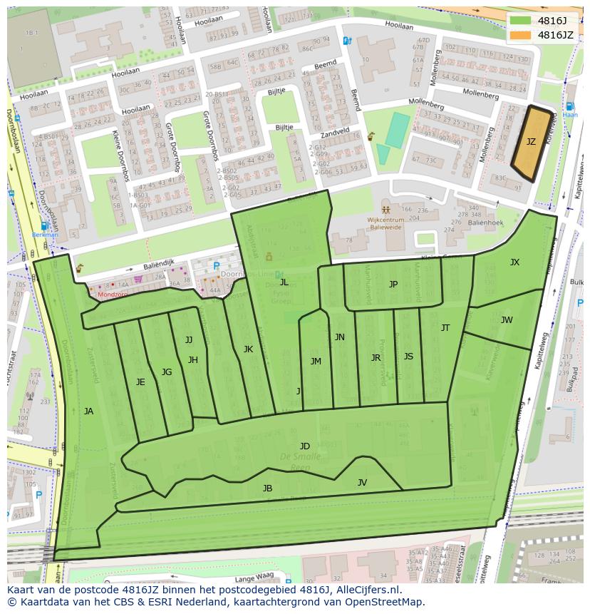 Afbeelding van het postcodegebied 4816 JZ op de kaart.