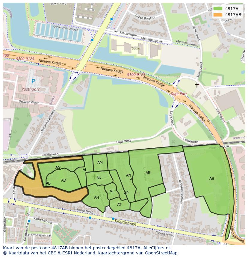 Afbeelding van het postcodegebied 4817 AB op de kaart.