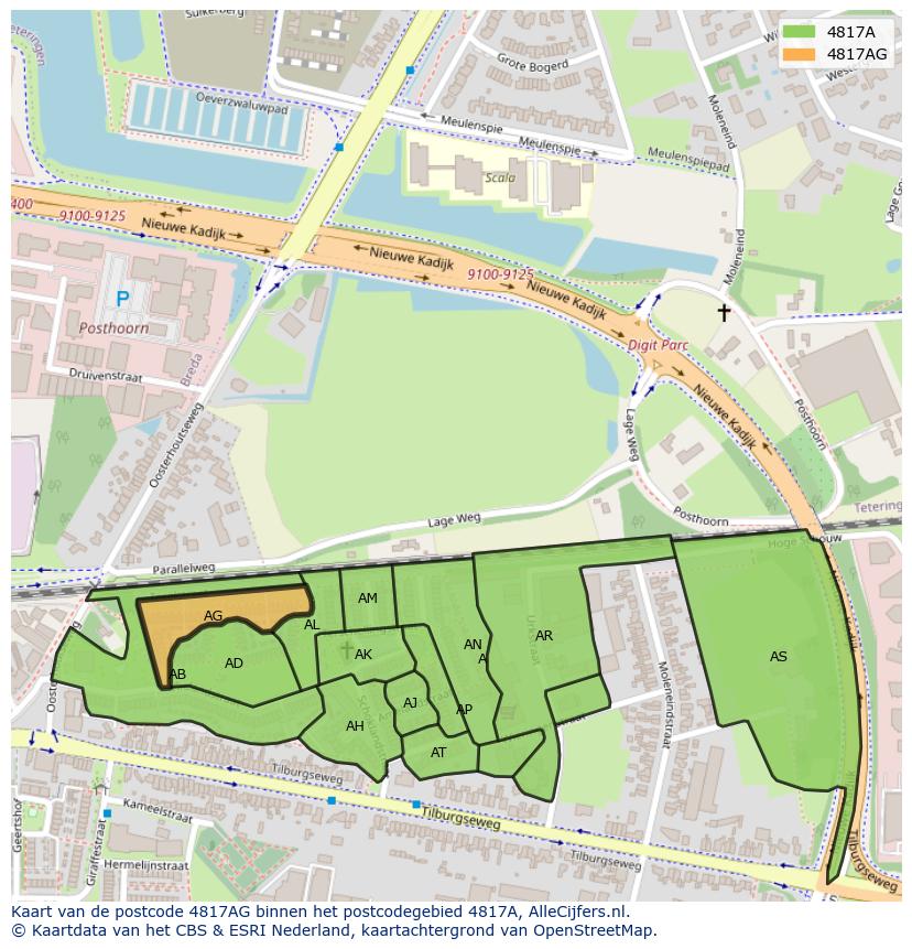 Afbeelding van het postcodegebied 4817 AG op de kaart.