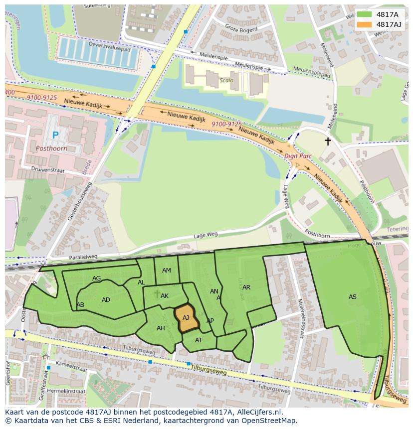 Afbeelding van het postcodegebied 4817 AJ op de kaart.