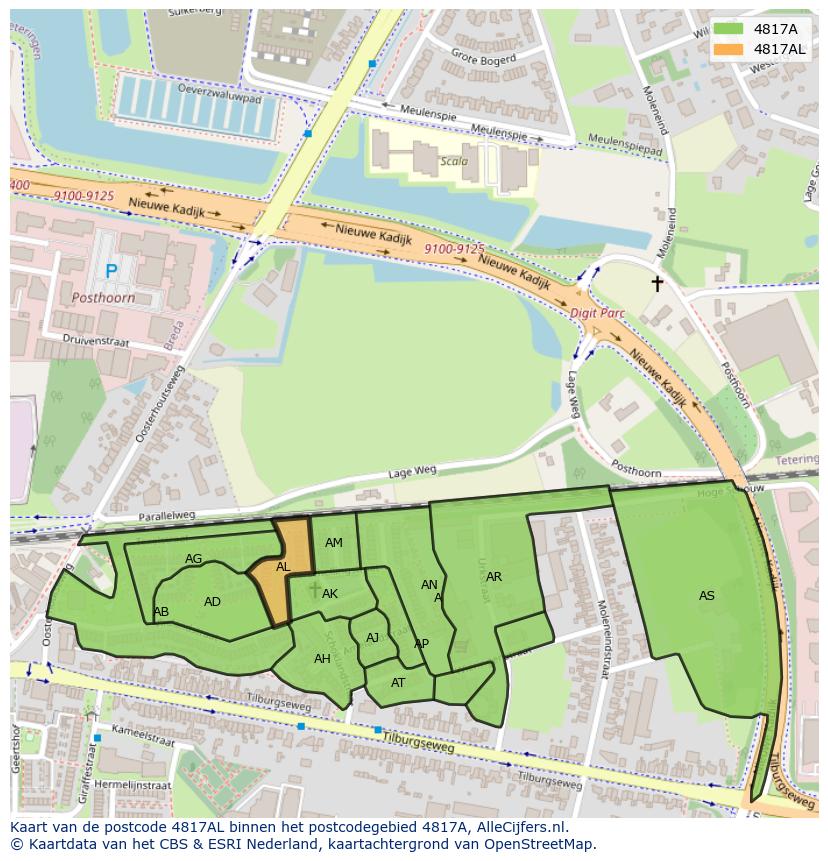 Afbeelding van het postcodegebied 4817 AL op de kaart.