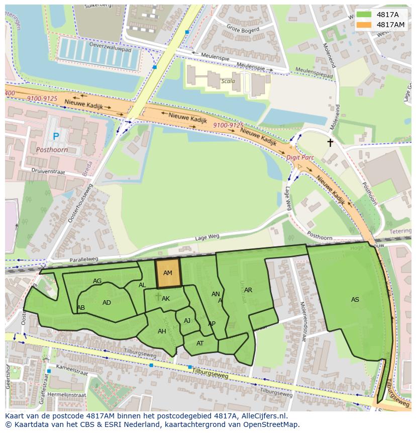 Afbeelding van het postcodegebied 4817 AM op de kaart.