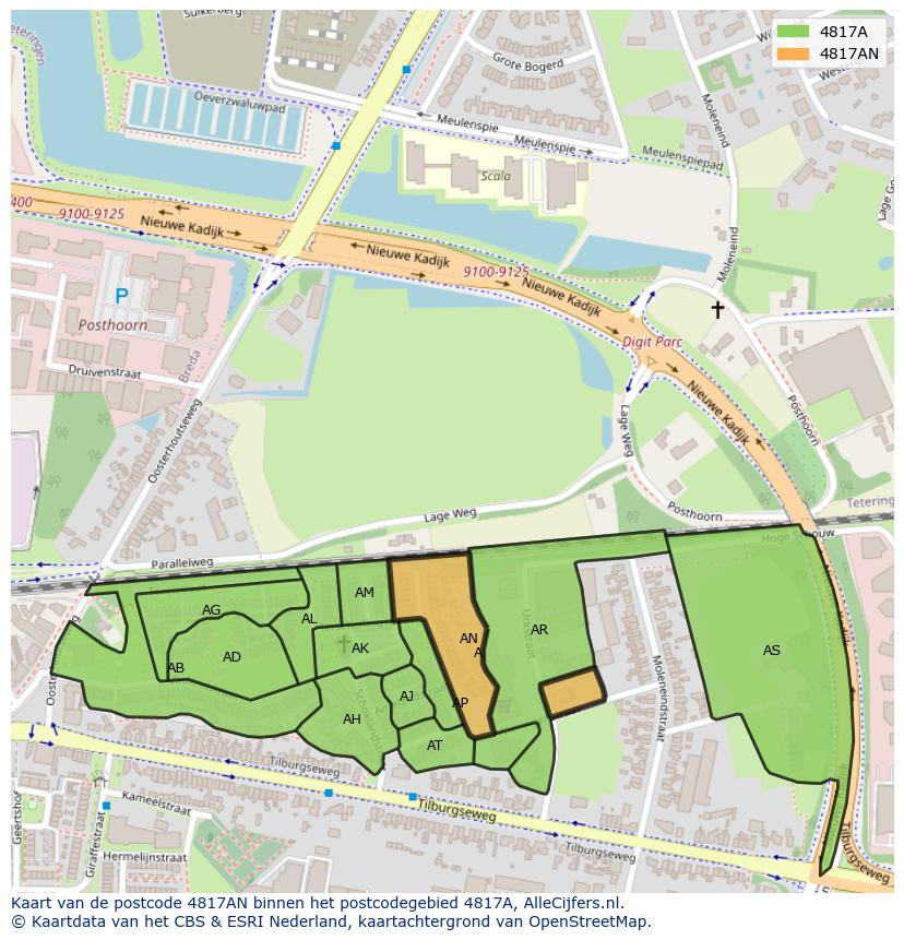 Afbeelding van het postcodegebied 4817 AN op de kaart.