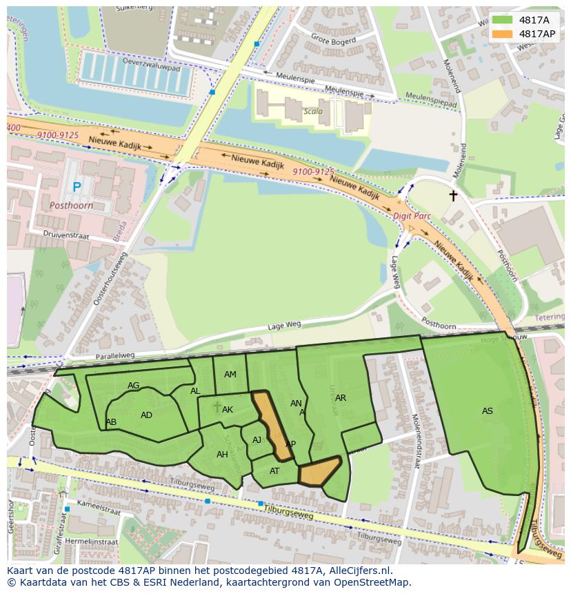 Afbeelding van het postcodegebied 4817 AP op de kaart.