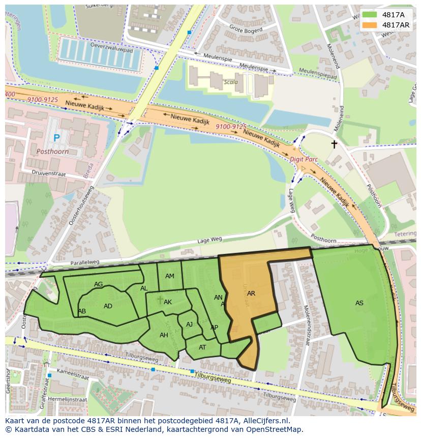 Afbeelding van het postcodegebied 4817 AR op de kaart.