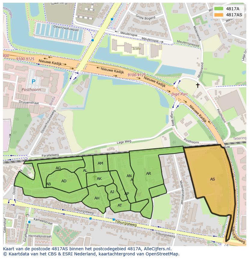 Afbeelding van het postcodegebied 4817 AS op de kaart.