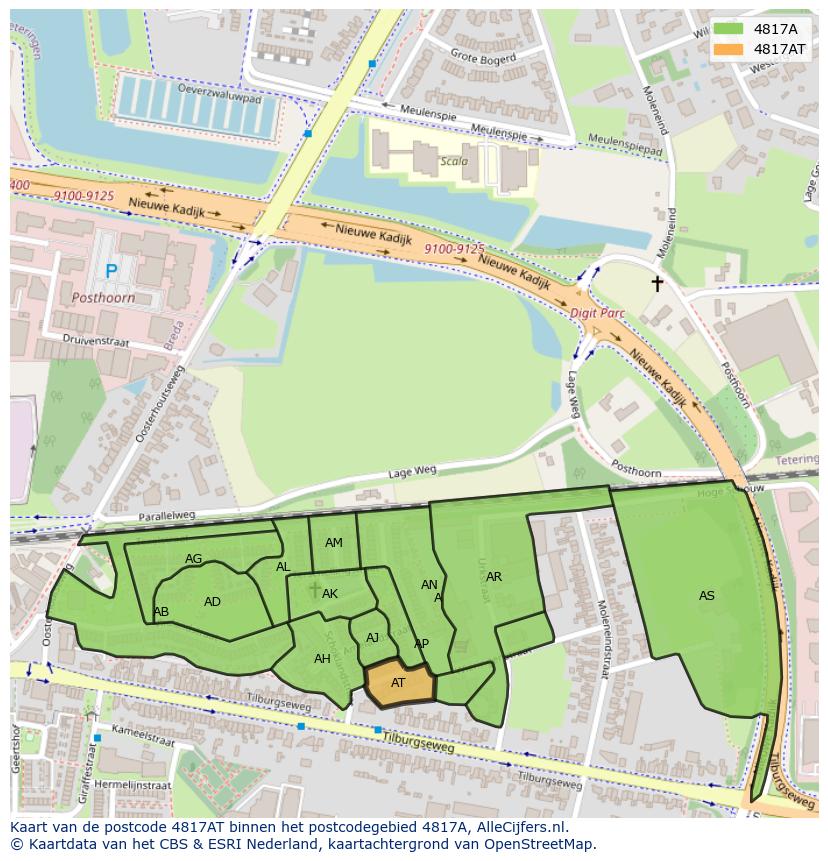 Afbeelding van het postcodegebied 4817 AT op de kaart.