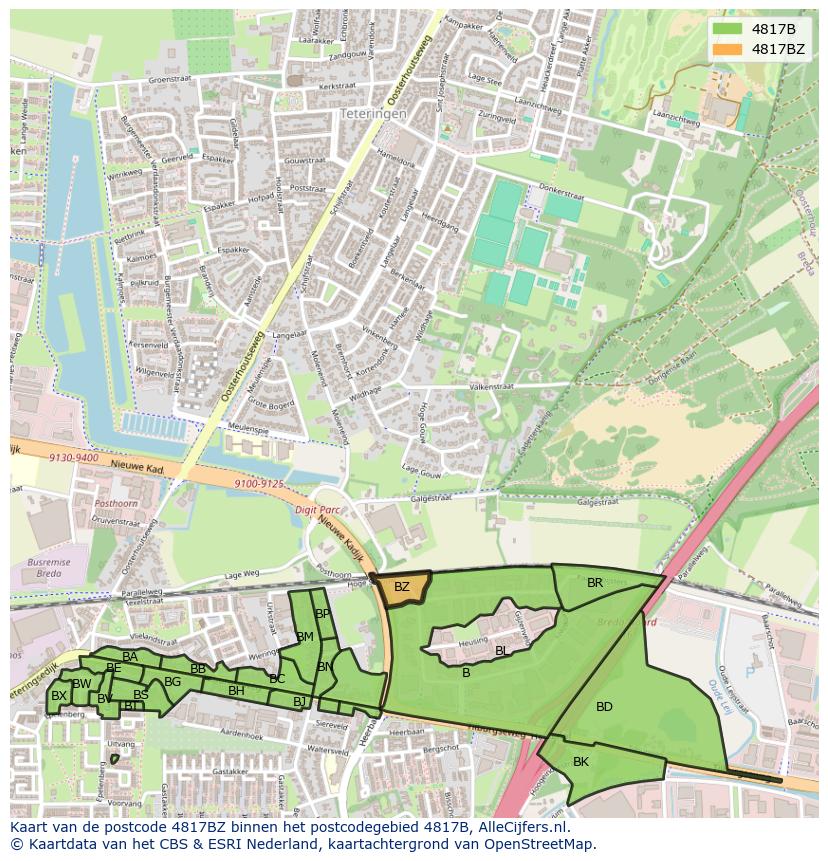 Afbeelding van het postcodegebied 4817 BZ op de kaart.