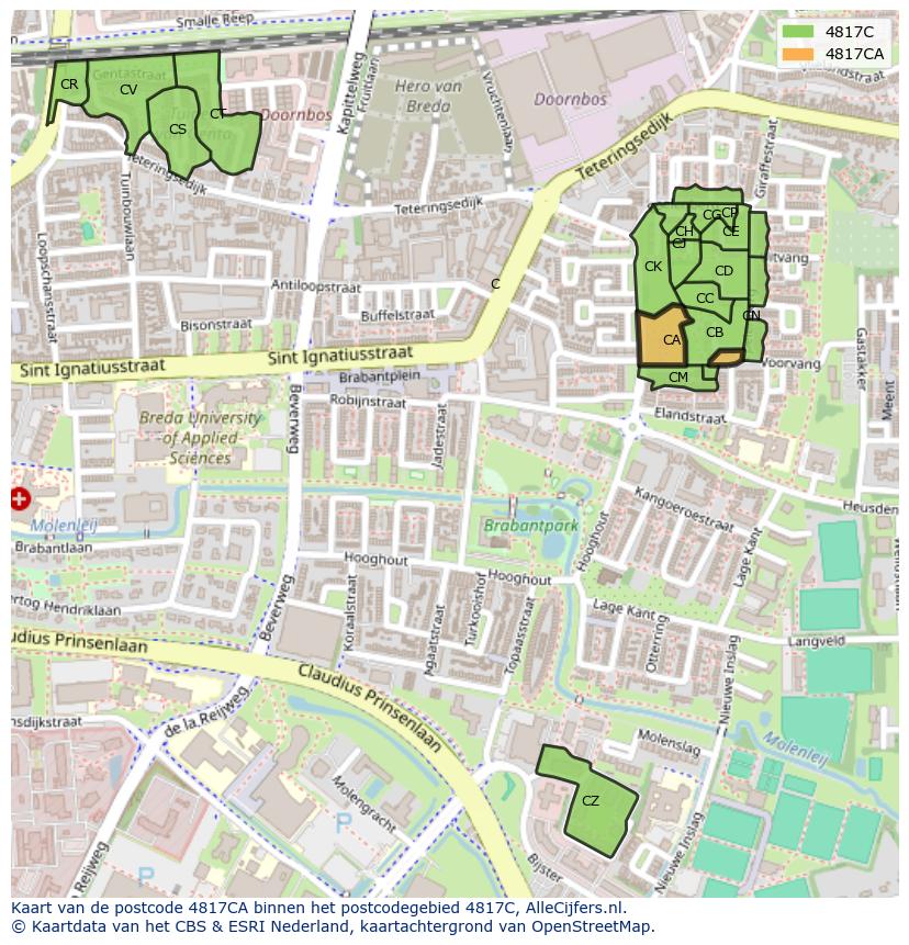 Afbeelding van het postcodegebied 4817 CA op de kaart.