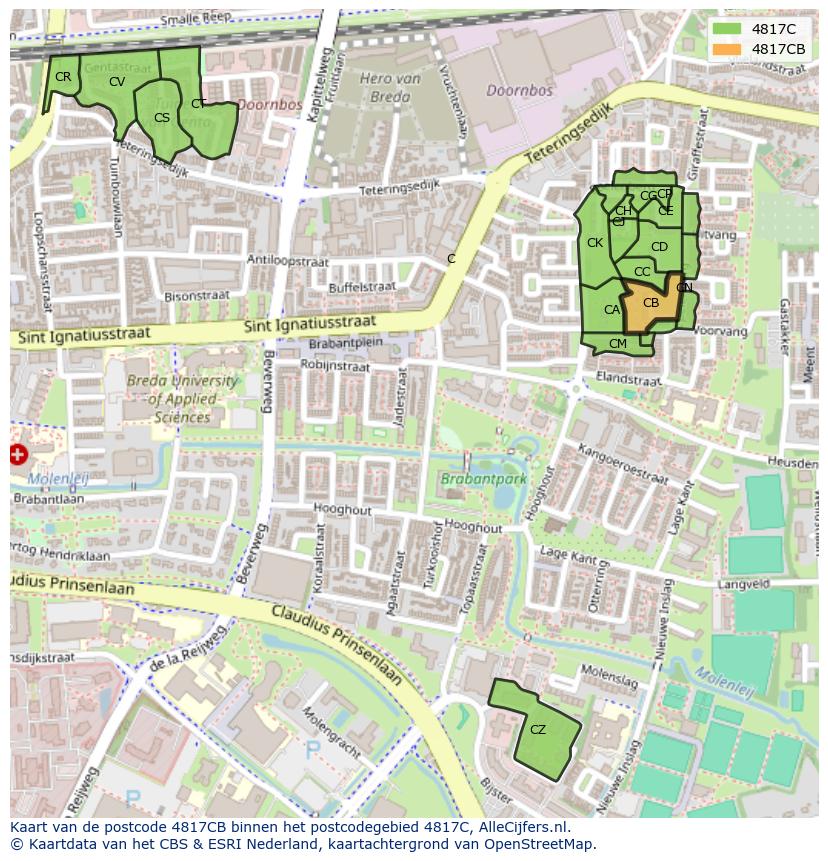 Afbeelding van het postcodegebied 4817 CB op de kaart.