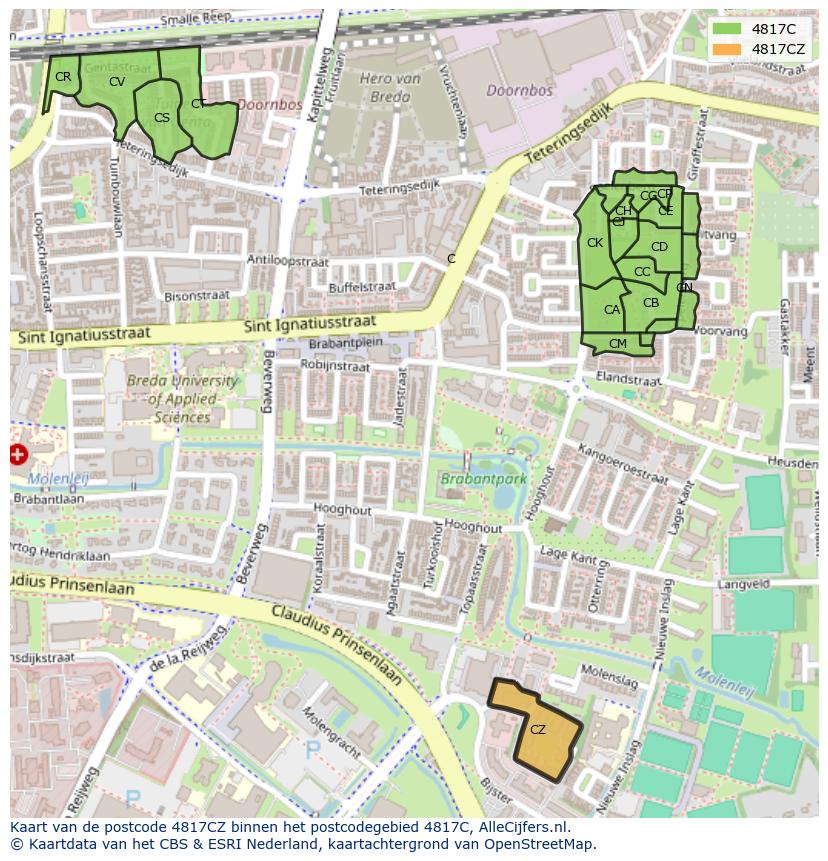 Afbeelding van het postcodegebied 4817 CZ op de kaart.