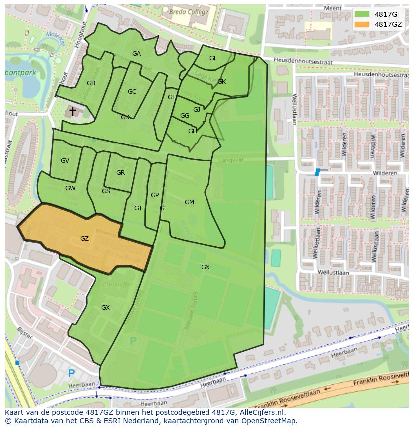 Afbeelding van het postcodegebied 4817 GZ op de kaart.