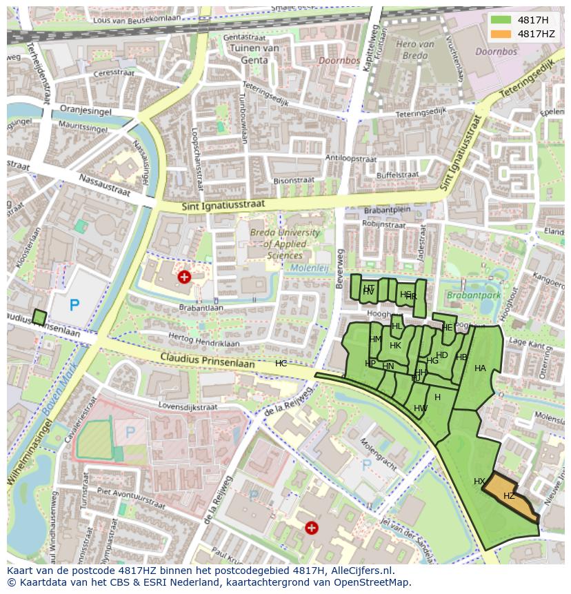 Afbeelding van het postcodegebied 4817 HZ op de kaart.