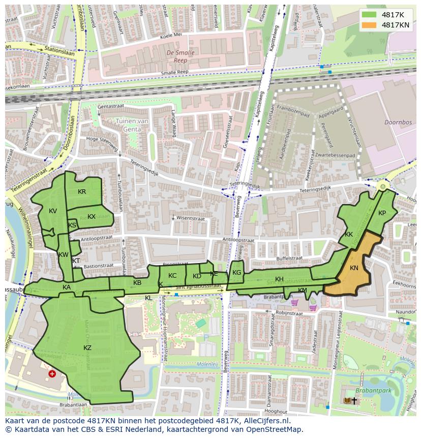 Afbeelding van het postcodegebied 4817 KN op de kaart.