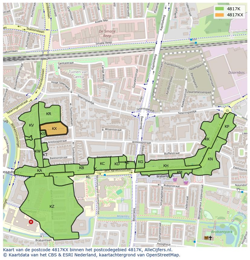 Afbeelding van het postcodegebied 4817 KX op de kaart.