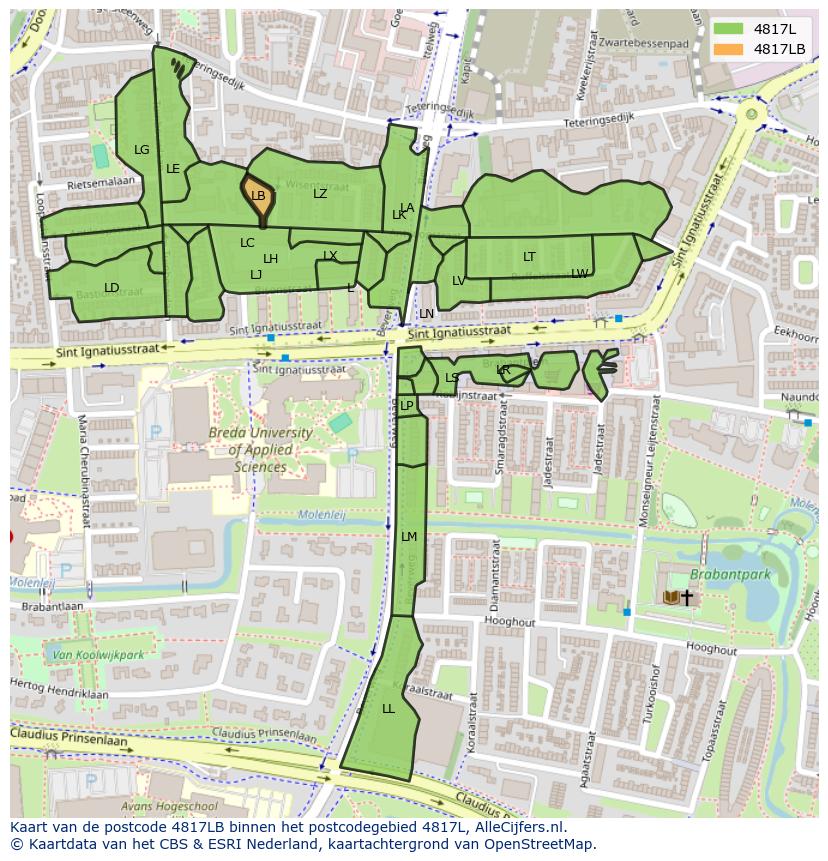Afbeelding van het postcodegebied 4817 LB op de kaart.