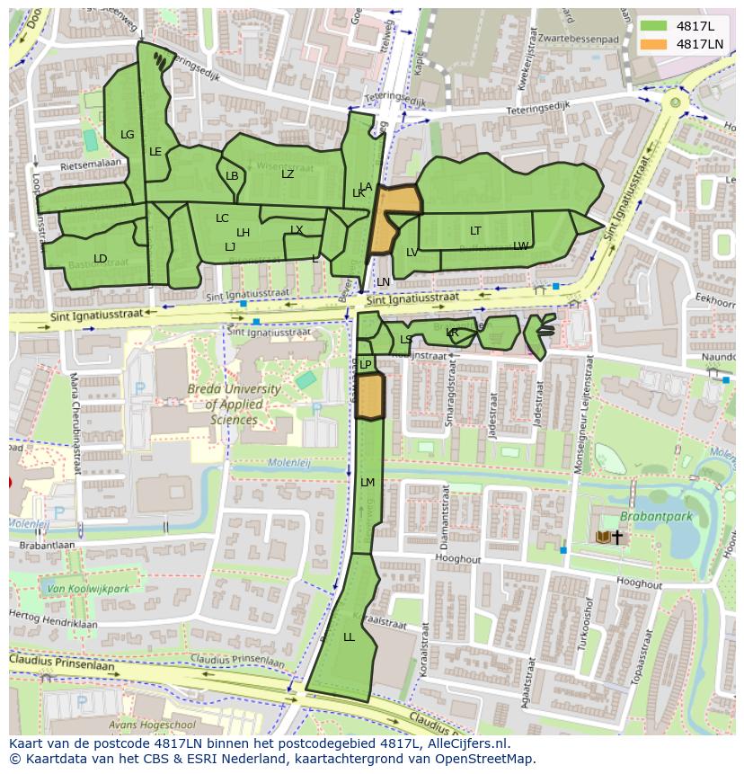 Afbeelding van het postcodegebied 4817 LN op de kaart.