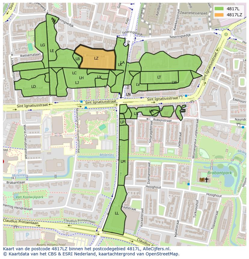 Afbeelding van het postcodegebied 4817 LZ op de kaart.
