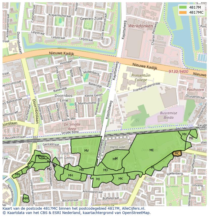 Afbeelding van het postcodegebied 4817 MC op de kaart.