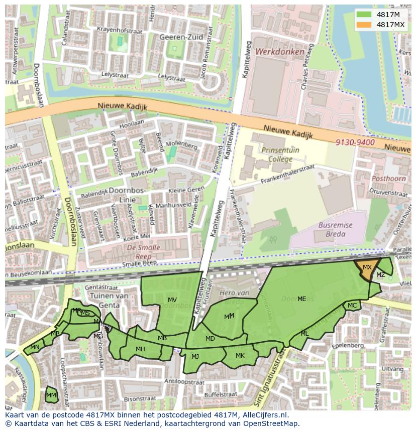 Afbeelding van het postcodegebied 4817 MX op de kaart.
